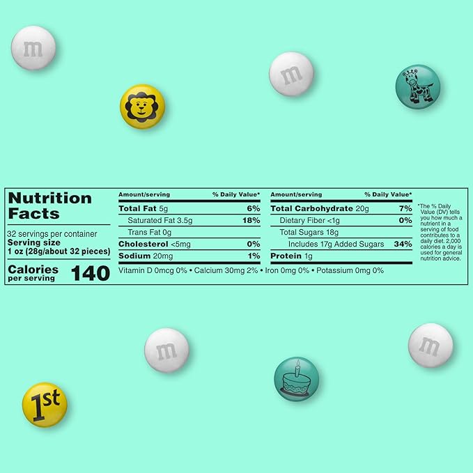 M&ampM’S WORLD 1st Birthday Milk Chocolate Candy 2lbs of Baby-Themed M&ampM'S in Aqua Yellow &amp White 1st Birthday Celebration Candy for Dessert Table Candy Bar &amp DIY Favors