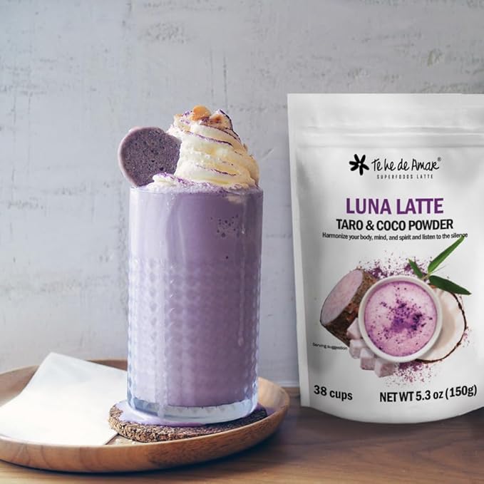 LUNA LATTE TEA TARO &amp COCO / TE HE DE AMAR. NET WT 5.3 oz (150g) 38 cups. Taro Coconut Purple Sweet Potato Cinnamon Vanilla. 100% natural pure powdered does not contain dairy bases does no