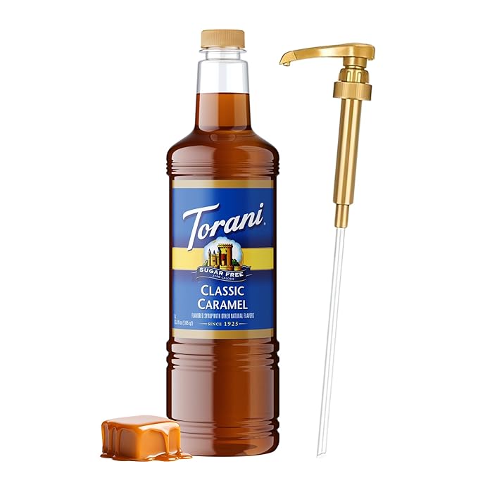 Torani Sugar-Free Classic Caramel Syrup 1 Liter Bottle with Pump Dispenser – Zero Calorie Coffee Flavoring with Rich Caramelized Brown Sugar Taste – Keto &amp Diabetic Friendly Sweetener for Lattes a