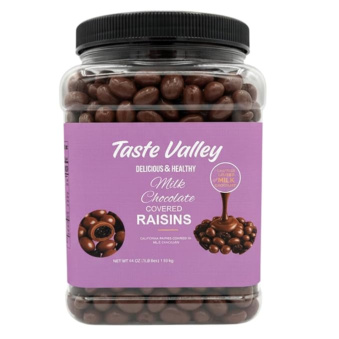 Taste Valley Milk Chocolate Covered Raisins – 54 oz Bulk Resealable Jar – Premium California Sun-Dried Fruit Coated in Real Milk Chocolate – Old Fashioned Movie Theater Candy &amp Healthy Snack