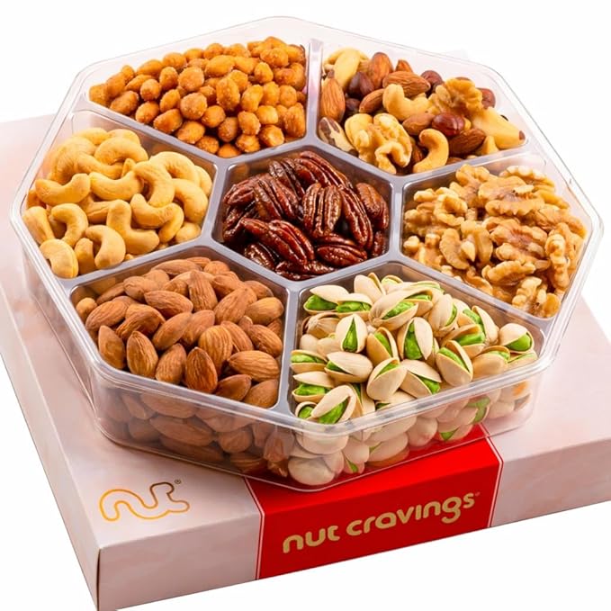 NUT CRAVINGS - Easter Mixed Nuts Gift Basket in Red Gold Box (7 Assortments 1 LB) Ramadan Gifts Treats for Adults Food Arrangement Healthy Snack Care Package Kosher