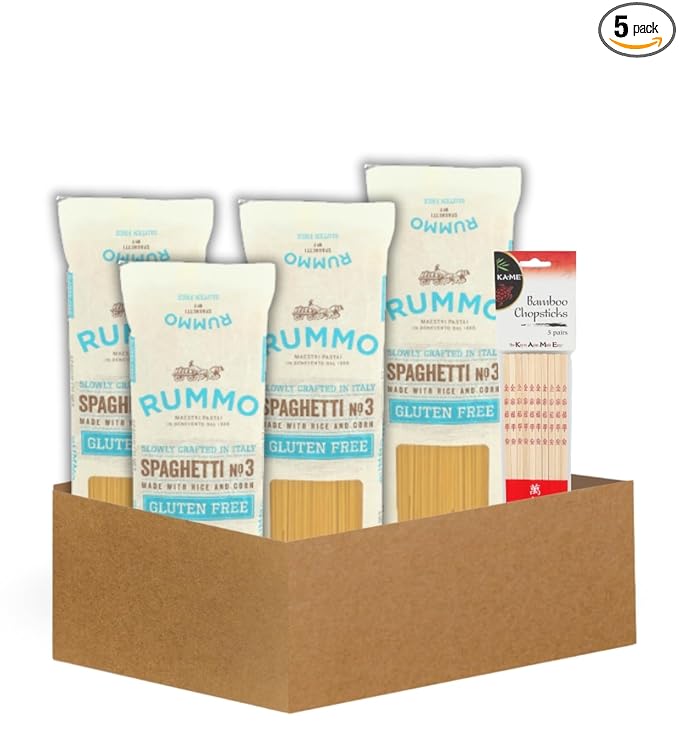 4x Rummo Pasta Spaghetti 12 OZ Bundle with Bamboo Chop Stck Pair – Slow-Dried Durum Wheat Spaghetti with Eco-Friendly Utensils for Cooking or Serving – Gift Set (5 Items)