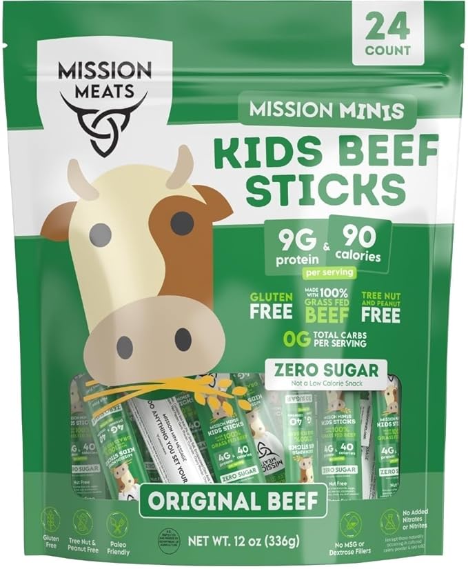 Mission Meats Kids Beef Sticks 100% Grass Fed Healthy Snacks for Kids Zero Sugar 9g Protein per Serving Gluten &amp Nut Free Individually Wrapped Mini 0.5oz (24ct Bag)