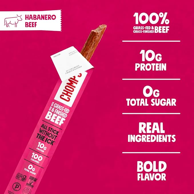 Chomps Grass-Fed and Finished Spicy Habanero Beef Jerky Snack Sticks 24-Pack - Keto Paleo Whole30 10g Lean Meat Protein Gluten-Free Zero Sugar Food Non-GMO