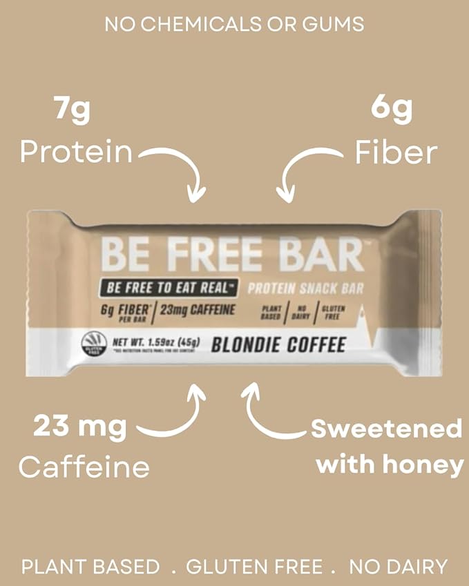 Be Free Bar Blondie Coffee (Box of 12 bars) No Seed Oils. 7g Muscle Building Protein and 6g Prebiotic Chicory Root Fiber which helps promote regularity and maintain a healthy gut microbiome especiall