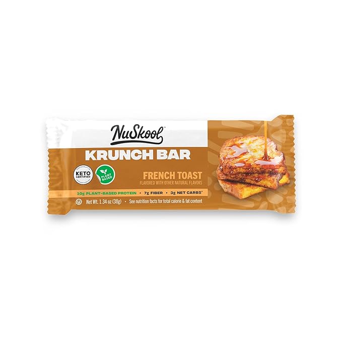 NuSkool Snacks French Toast Keto Friendly Protein Krunch Bars (12 Pack) - 7g Fiber 10g Clean Plant-Based Protein 3g Net Carbs - Gluten-Free Non-GMO Vegan Low Carb Keto Healthy Breakfast Snack