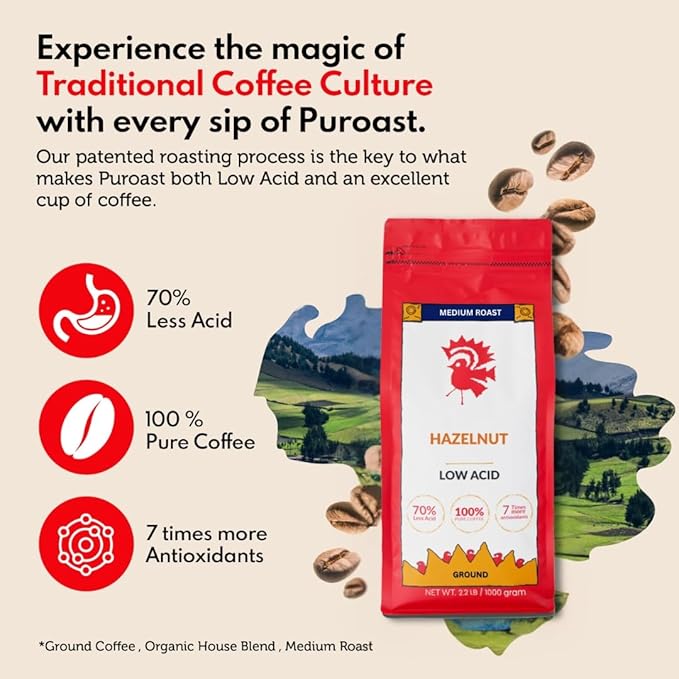 Puroast Low Acid Coffee Flavored Coffee | Hazelnut Ground | Medium Roast | High Antioxidants &amp High pH |No Bitter Aftertaste | Reduced Heartburn &amp GERD | Suitable for Cold Brew - 2.2 LB