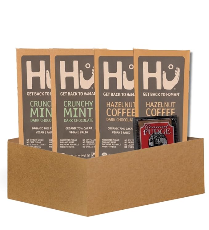 2x Hu Chocolate Crunchy Mint 2.1 oz and 2x Hazelnut Coffee Bar 2.1oz Bundle with Claeys Old Fashioned Chocolate Fudge 1.75 oz – Organic Vegan Bars for Snacking – Gift Set (5 Items)