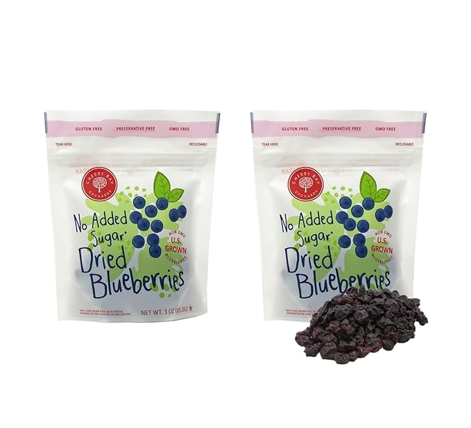 Cherry Bay Orchards Dried Blueberries (3oz 2 Pack 6 oz Total) - No Added Sugar 100% Domestic All Natural Kosher Certified No Preservatives Gluten Free &amp GMO Free - Packed in a Resealable Pou