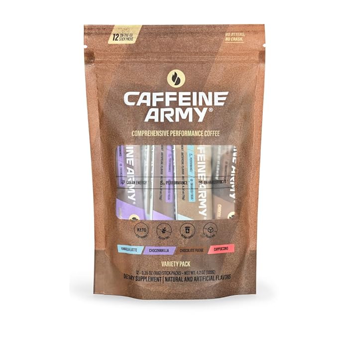 CAFFEINE ARMY Variety Pack | Comprehensive Functional Coffee with MCTs CoQ10 Collagen and Adaptogens: Clean Energy + Supports Daily Attention No Jitters or Crash |12 Stick (4.02 oz)