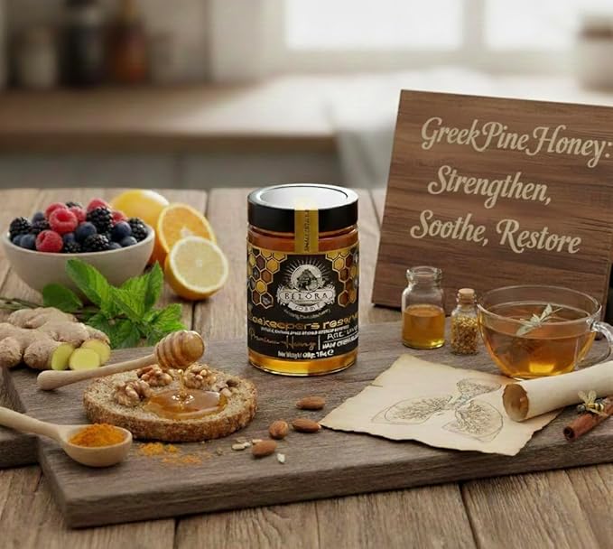 Ellora Farms Greek Honey Single Estate PDO Pine &amp Thyme Honey Unfiltered Gift Pack with Dipper Beekeepers Reserve Raw &amp Unfiltered Gluten Free - 450g (16oz)
