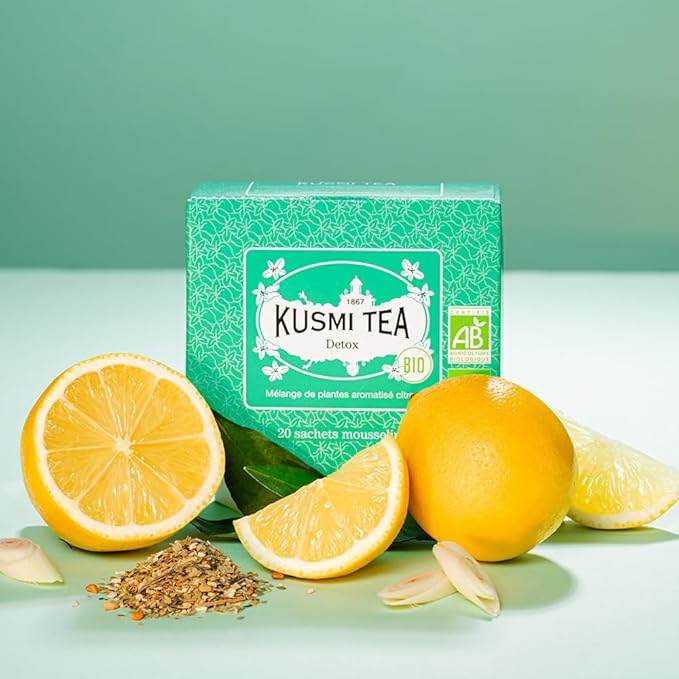 Kusmi Tea - Pack of 2 Boxes of Tea Bags - Detox - Organic Blend of Green Tea Mate &amp Lemon - Lemongrass Rose Hip and Lemon Flavours - Enjoy Hot or Iced - 2x20 Tea Bags