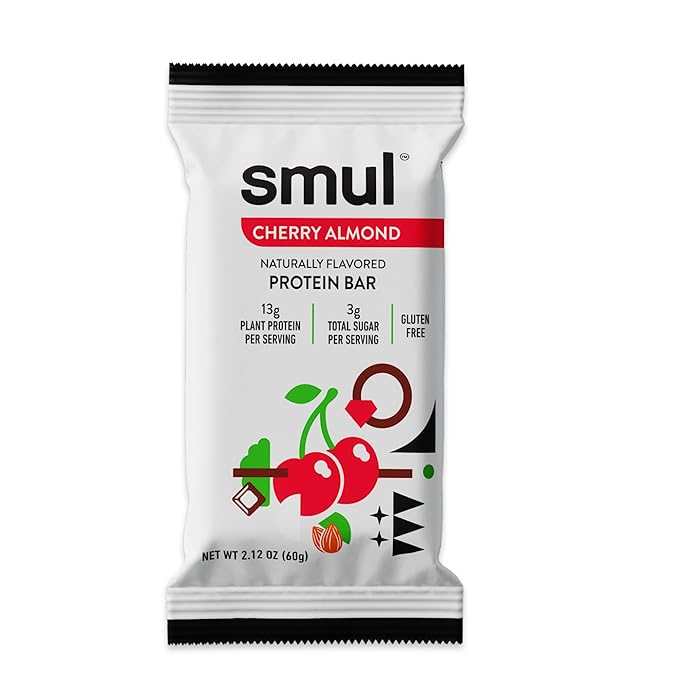 smul Plant Based Protein Bar – Cherry Almond – 13g Protein Only 3g Sugar Gluten Free Non-GMO Vegan Dairy Free – High Fiber Snack to Satisfy and Sustain – 12 Pack