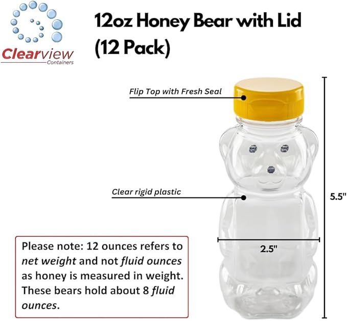24 Pack of 12 Ounce Clear Honey Bears with Sealable Yellow Flip Top Lids (12 oz. Clear Bear 24pk Yellow)