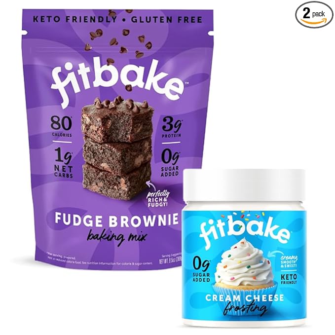 FitBake Fudge Brownie Baking Mix and Cream Cheese Frosting Bundle | 1g Net Carbs Per Serving 0g Net Carbs Per Serving | Gluten Free | Naturally Sweetened Low Carb Food Keto Friendly