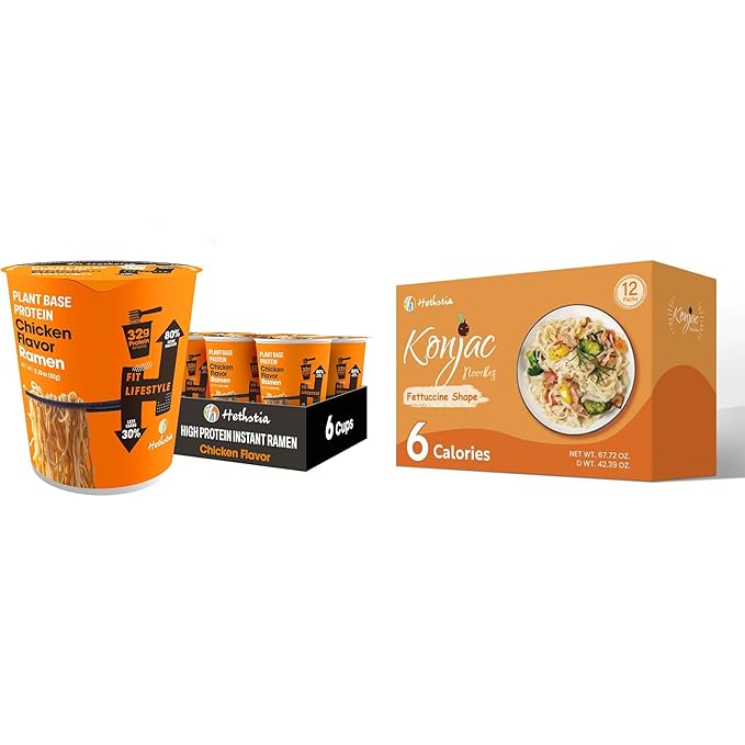 Hethstia High Protein Ramen &amp Konjac Fettuccine Bundle – Chicken Flavor Plant-Based Protein Noodle Cups (6-Pack) with Low-Carb Shirataki Fettuccine Pasta (12 Packs) Healthy &amp Balanced Meal Co