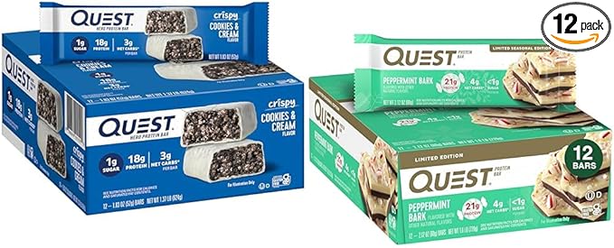 Quest Nutrition Crispy Cookies &amp Cream Hero Protein Bar 18g Protein 1g Sugar 3g Net Carb &amp Peppermint Bark Protein Bar 21g Protein 4g Net Carb 1g Sugar Gluten Free