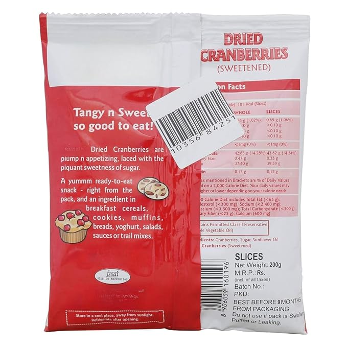 Generic Dried Cranberry Whole Slices Ready to Eat Snack | 100% Clean with No Added Preservatives | No Added Refined Sugar - 200g