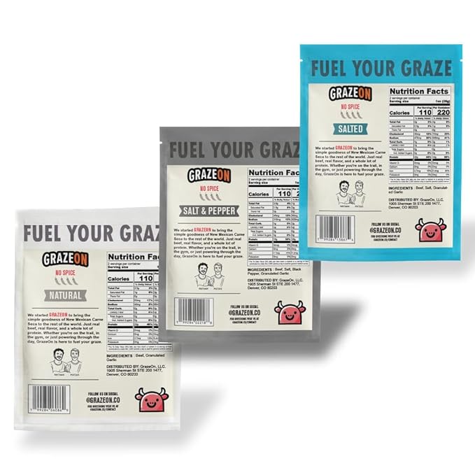 GrazeOn Beef Jerky Crisps Variety Pack - High Protein No Sugar Crunchy Air-Dried Meat Snack All-Natural Low Carb Keto Paleo Whole30 Protein Pack Jerky Sampler with Salt Salt and Pepper Natur