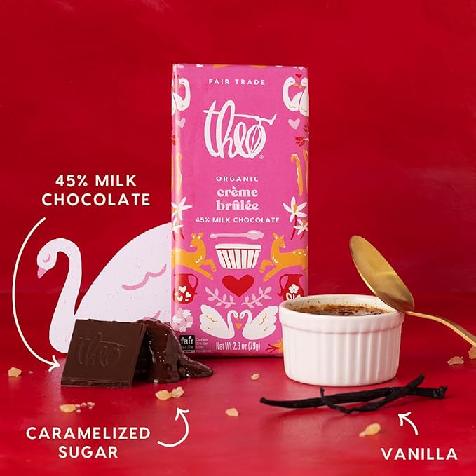 Theo Chocolate Valentine's Day Creme Brulee Organic Milk Chocolate Bar 45% Limited Edition 12 Pack Fair Trade Non-GMO