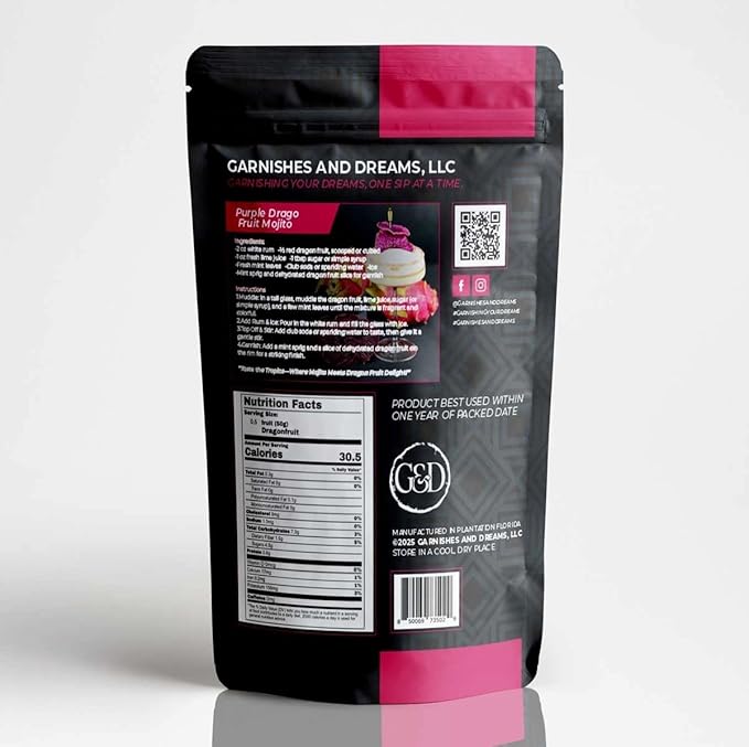 Garnishes &amp Dreams Dehydrated &amp Dried Purple Dragon Fruit (5.5oz) – Natural Exotic Tropical Fruit Chips for Cocktails Mixology Baking &amp Desserts No Sugar Added Edible Dried Fruit Garni