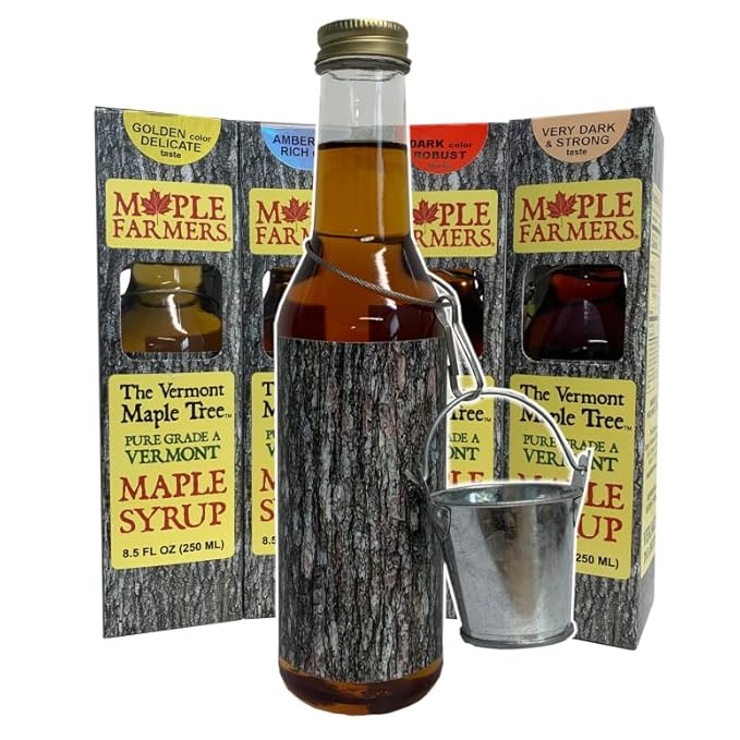 Vermont Maple Syrup Pure Small-Batch Handcrafted on Small Family Farms by MAPLE FARMERS 8.5 oz Glass Bottle with Decorative Metal Sap Bucket Golden Amber Dark &amp Very Dark (Dark &amp Robus