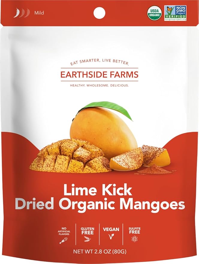 Earthside Farms - Dried Organic Mango Variety Pack Original Citrus Splash Lime Kick and Peach Paradise Dried Organic Mangoes Gluten Free No Added Sugar Non GMO Organic Vegan No Preservatives
