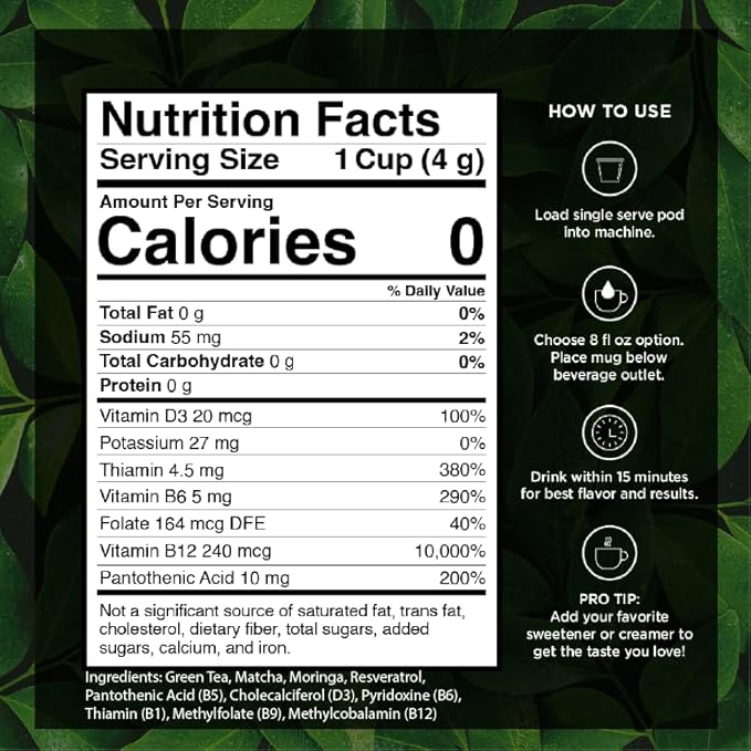 VitaCup Green Tea Pods Enhance Energy &amp Detox with Matcha Moringa B Vitamins D3 Keto Paleo Vegan Single Serve Pod Compatible with Keurig K-Cup Brewers32 Ct