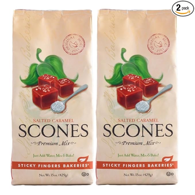 Sticky Fingers Scone Mix (Pack of 2) 15 Ounce Bags - All Natural Scone Baking Mix (Salted Caramel)