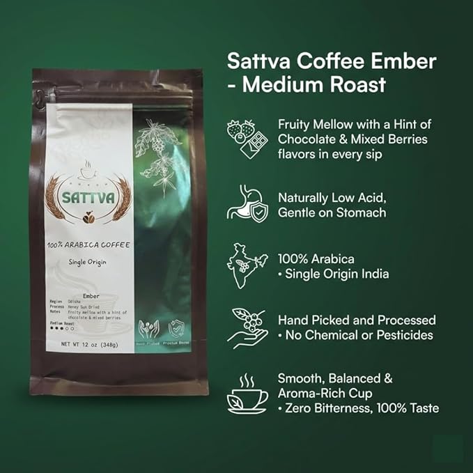 Sattva Coffee Ember Whole Bean Medium Roast - Low Acid 100% Arabica Single Origin with Fruity Mellow Chocolate &amp Berry Notes - 12 oz