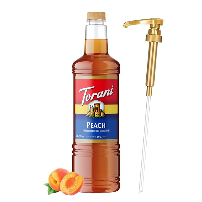 Torani Peach Syrup 1 Liter Bottle with Pump – Premium Drink Flavoring Made with Pure Cane Sugar &amp Natural Flavors for Lemonades Teas Cocktails Mocktails &amp Desserts – Sweet Juicy Peach Sweet