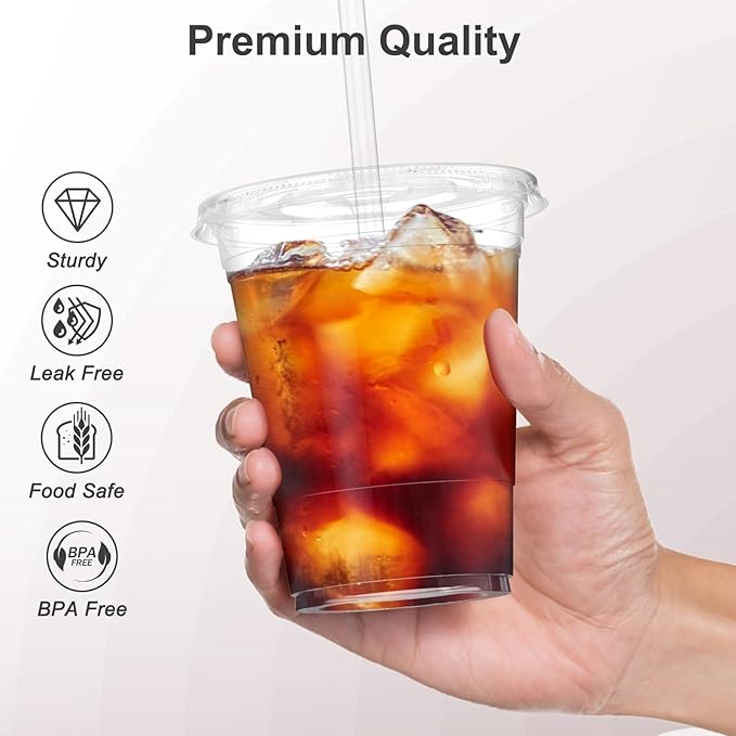 100 Pack - 16 oz Clear Plastic Cups with Lids and Straws Sturdy &amp Food Safe Iced Coffee Cups with lids Disposable Plastic Smoothie Cups for Cold Drinks