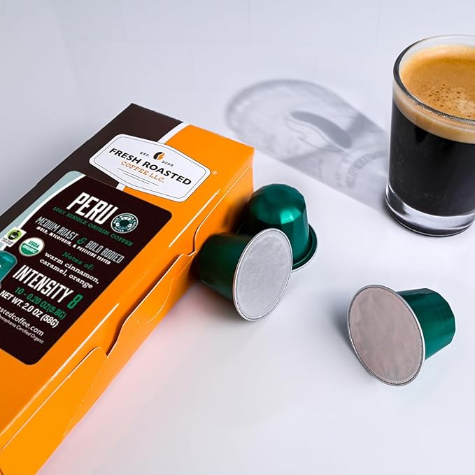 Fresh Roasted Coffee USDA Organic Peru Espresso Pods for Nespresso OriginalLine | 3rd Party Tested for Pesticides Mold Mycotoxins Kosher | 60 Recyclable Aluminum Capsules