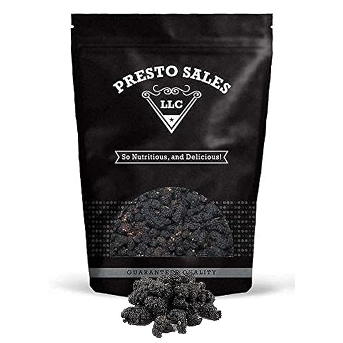 Mulberries FRESH Dried Black - No sugar added Delicious Quality Vegan User Friendly Snack Healthy Ingredient Luscious Packed in a resealable 1 lb. (16 oz.) pouch bag by Presto Sales LLC