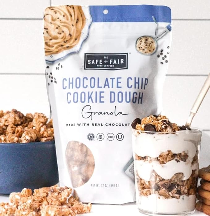 Safe + Fair Chocolate Chip Cookie Dough Granola – Gluten-Free Dairy-Free &amp Vegan Snack – Allergen-Free Non-GMO and No Artificial Ingredients – 12oz Pack 6 Pack