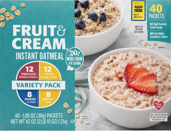 Fruit and Cream Instant Oatmeal Variety Pack 40 Packets 1.05 oz Each Strawberries Blueberries Bananas Peaches Flavors 20g Whole Grain (1 Pack)