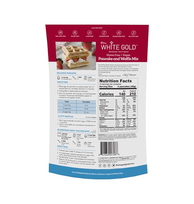 Extra White Gold Pancake &amp Waffle Mix – For Baking Cakes Cupcakes Desserts – [Gluten Free] [Nut Free] [Free of the Top 14 Major Allergens] – 14.1 Ounces (2 Pack)