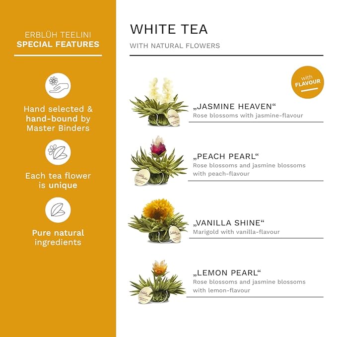 Creano Blooming Tea - Teelini Flowers in Cup Size - Gift Set in Wooden Box - 12 Pcs in 4 Varieties - White Tea