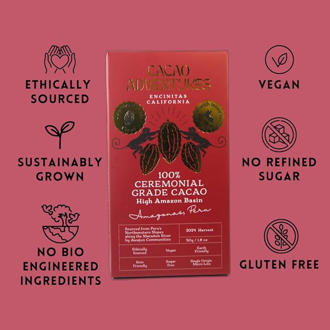 Cacao Adventures - 100% Pure Ceremonial Grade Cacao Bar | Wild Strains | Ethically Sourced Sustainably Grown | (1.76 oz - Pack of 3)