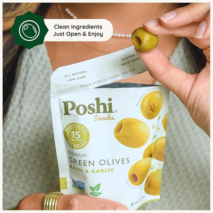 POSHI Green Pitted Olives - Basil &amp Garlic | Vegan Kosher Gluten Free + Keto Friendly Fresh Low Calorie Healthy Snacks | (30 Pack 1.1oz Bags)