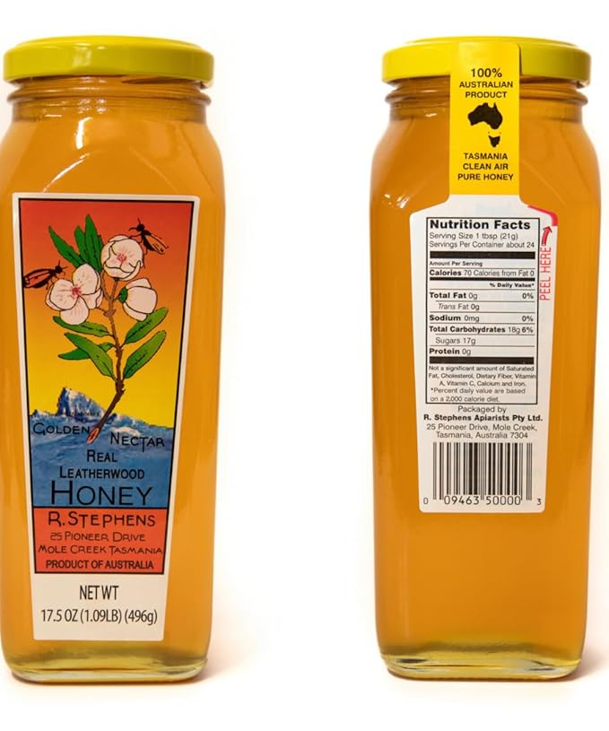 Golden Nectar Organic Leatherwood Honey by R. Stephens – 500g Jar – Product of Tasmania Australia