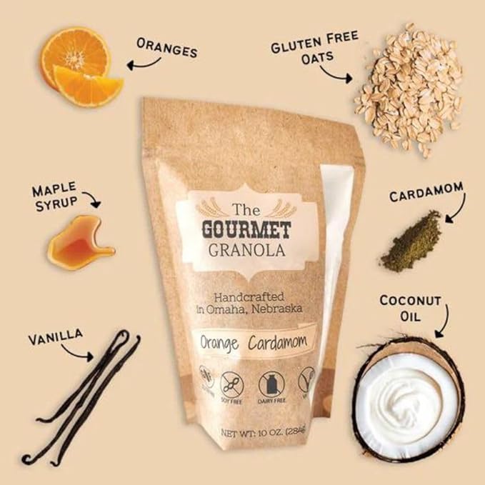 The Gourmet Granola Orange Vanilla Granola | Delightful Blend of Orange Vanilla &amp Cardamom | Gluten Free Soy Free Dairy Free | Delicious on Yogurt | Vegan | Nebraska Made | 10 oz Bag | 2 Pack
