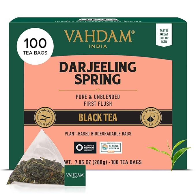 VAHDAM Exotic Darjeeling First Flush Tea Leaves (100 Black Tea Bags) High Caffeine Non GMO Gluten Free | Aromatic &amp Robust | Unblended First Flush Darjeeling Tea Bags | Resealable Ziplock Pouch