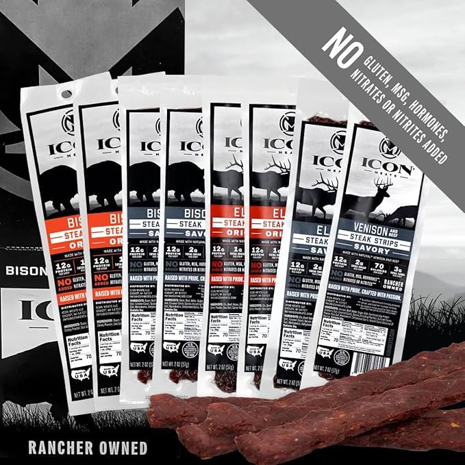 ICON Meats Steak Strips Sampler Gift Box 8 High Protein Snacks Assorted Bison Elk Venison Beef Jerky Strips 2 Sticks per Pack Natural Gluten Free Low Sugar Gifts for Him