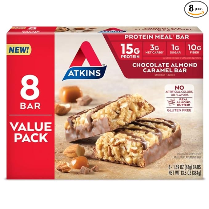 Atkins Chocolate Almond Caramel Protein Meal Bar High Fiber 15g Protein 1g Sugar 3g Net Carbs Meal Replacement Keto Friendly 8 Count