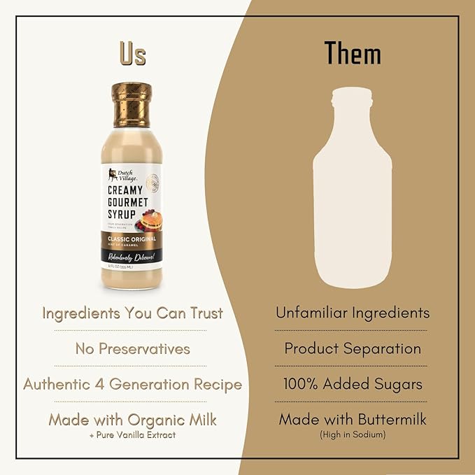 Creamy Gourmet Breakfast &amp Dessert Syrup | Organic Ingredients - Clean Label | Gluten-Free | Dutch Village Classic Original &amp Salted Caramel &amp Peach Cream &amp Snickerdoodle 12 fl oz - 4