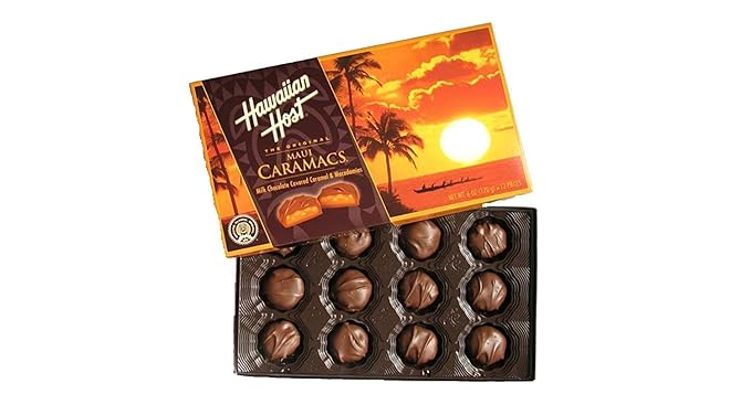 Hawaiian Host Chocolate Macadamia Assortment 6 Pack : 2 Maui Caramacs 2 Island Macs 2 MacNut Crunch