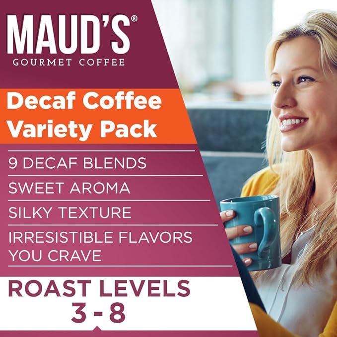Maud's Decaf Coffee Pods Variety Pack 80 ct 9 Assorted Roasts &amp Flavors Decaffeinated Medium Roast Coffee in Single Serve Pods - 100% Arabica Coffee Compatible with Keurig K Cups Maker