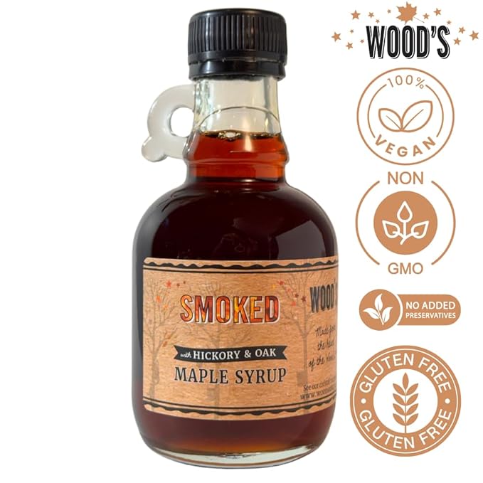 WOOD'S Smoked Maple Syrup – Small-Batch Vermont Maple Syrup Cold-Smoked Over Hardwood | Sweet &amp Savory Flavor | Natural Vegan Sweetener for BBQ Cocktails Glazes &amp Gourmet Dishes | 8.45 Fl O