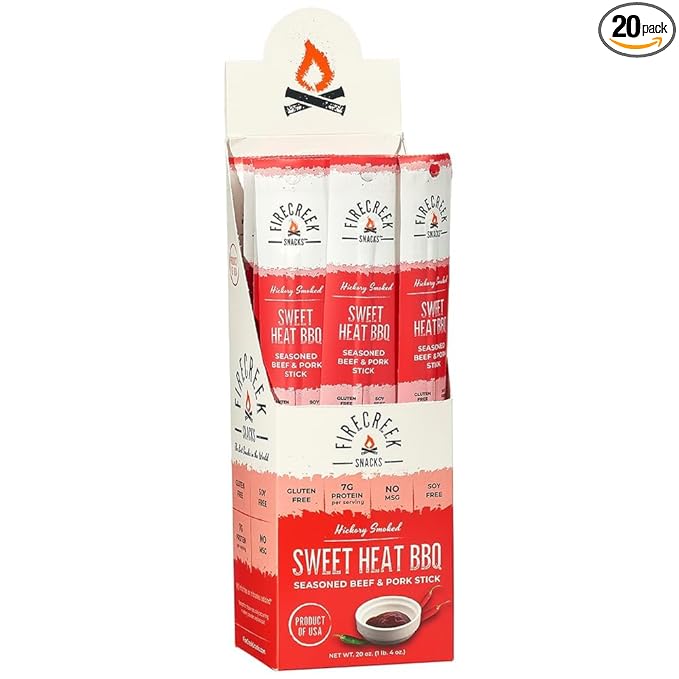 FireCreek Snacks Beef Sticks (Jerky Sticks) Hickory Smoked Beef &amp Pork Meat Sticks 20 Pack (1 oz) 7g Protein Gluten Free Soy Free No MSG Sweet Heat BBQ
